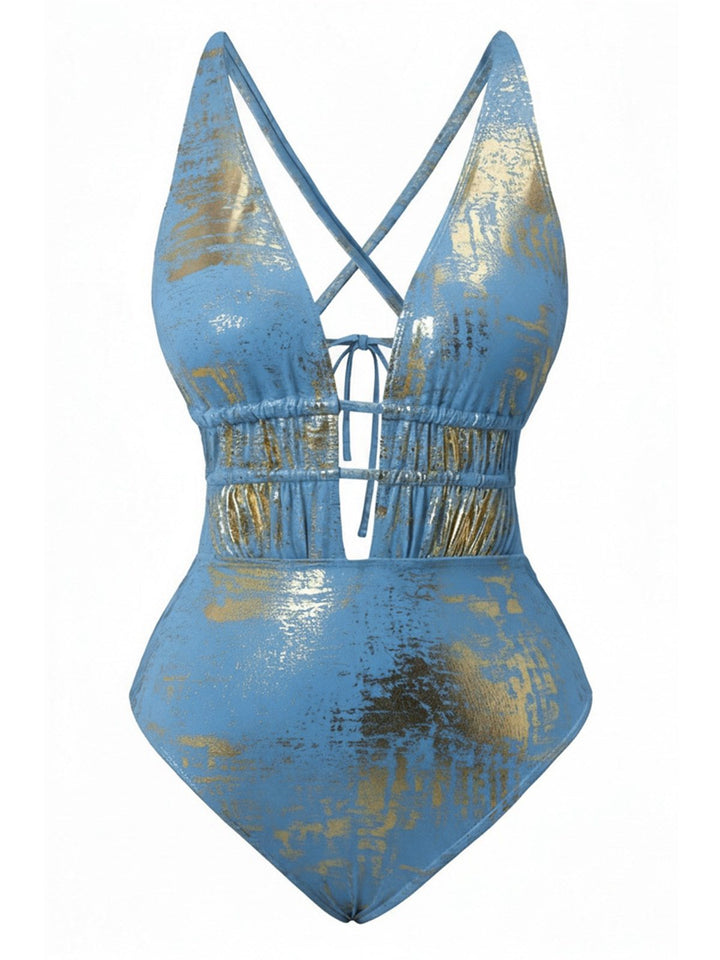 1970s Deep V Halter Distressed Textured One-Piece Swimsuit: beautiful vintage swimwear, retro swimsuit, pin-up style with timeless appeal