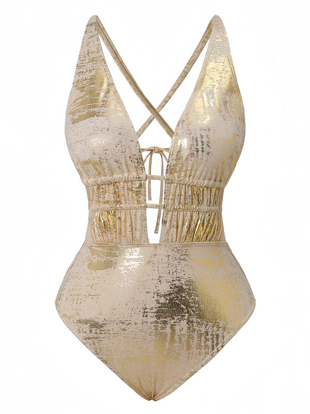 1970s Deep V Halter Distressed Textured One-Piece Swimsuit: beautiful vintage swimwear, retro swimsuit, pin-up style with timeless appeal