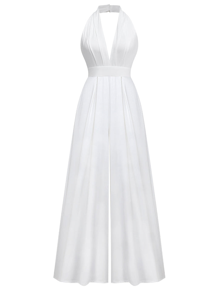 1970s Deep V-Neck Solid Super Wideleg Jumpsuit - vintage jumpsuit, retro fashion