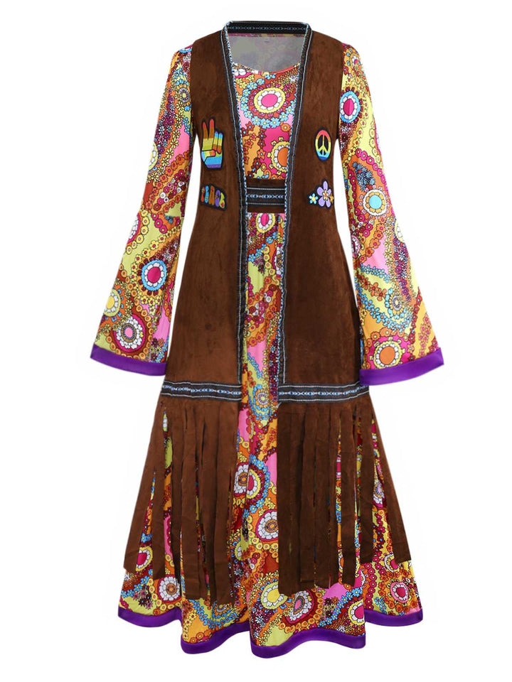 2PCS 1970s Fringe Vest &amp; Psychedelic Hippie Costume Dress - vintage dress, retro fashion