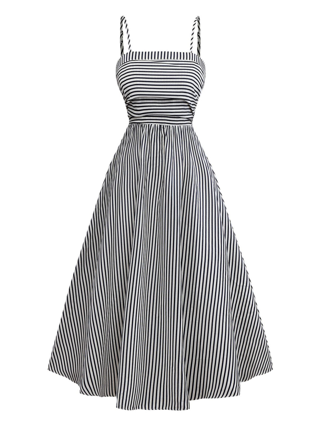 Black&amp;White 1970s Striped Ruched Spaghetti Strap Dress - vintage dress, retro fashion, classic black