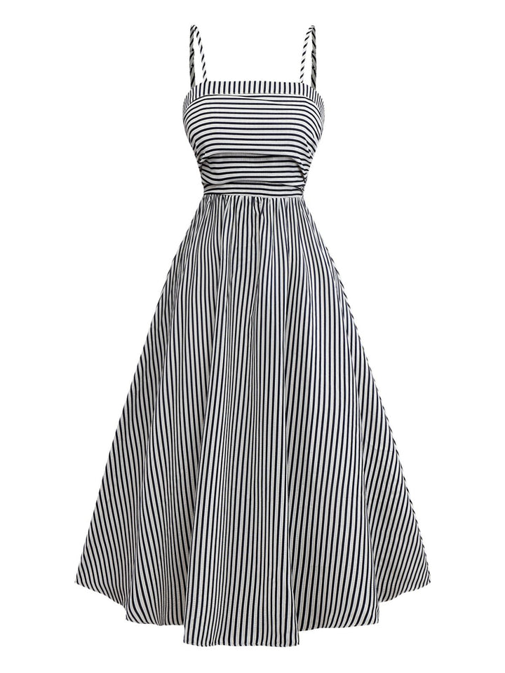 Black&amp;White 1970s Striped Ruched Spaghetti Strap Dress - vintage dress, retro fashion, classic black