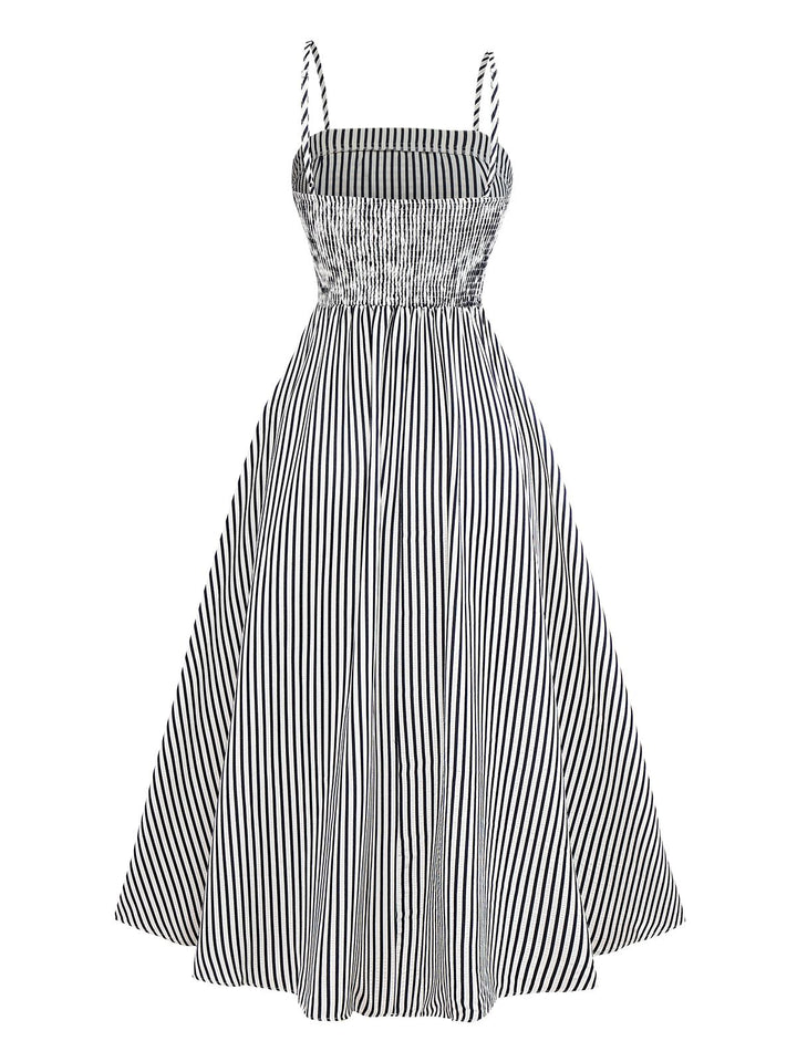 Black&amp;White 1970s Striped Ruched Spaghetti Strap Dress - vintage dress, retro fashion, classic black