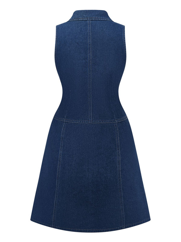 Deep Blue 1970s Denim Lapel Sleeveless Button Dress - vintage dress, retro fashion