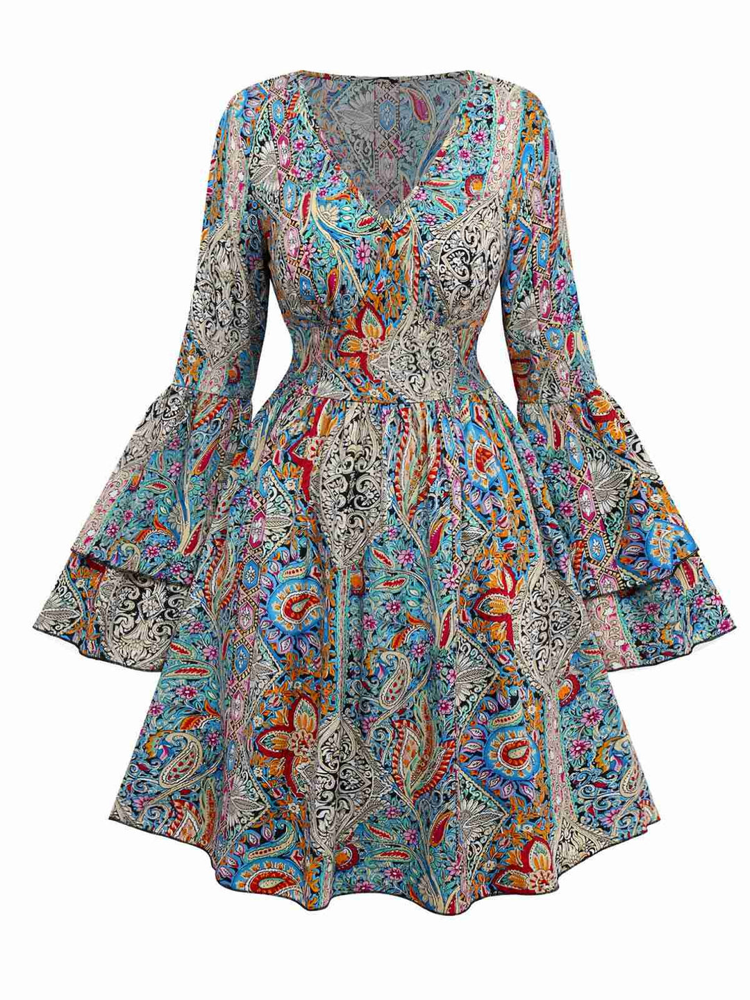 Multicolor 1970s Bohemian Paisley Floral Bell Sleeve Dress - vintage dress, retro fashion