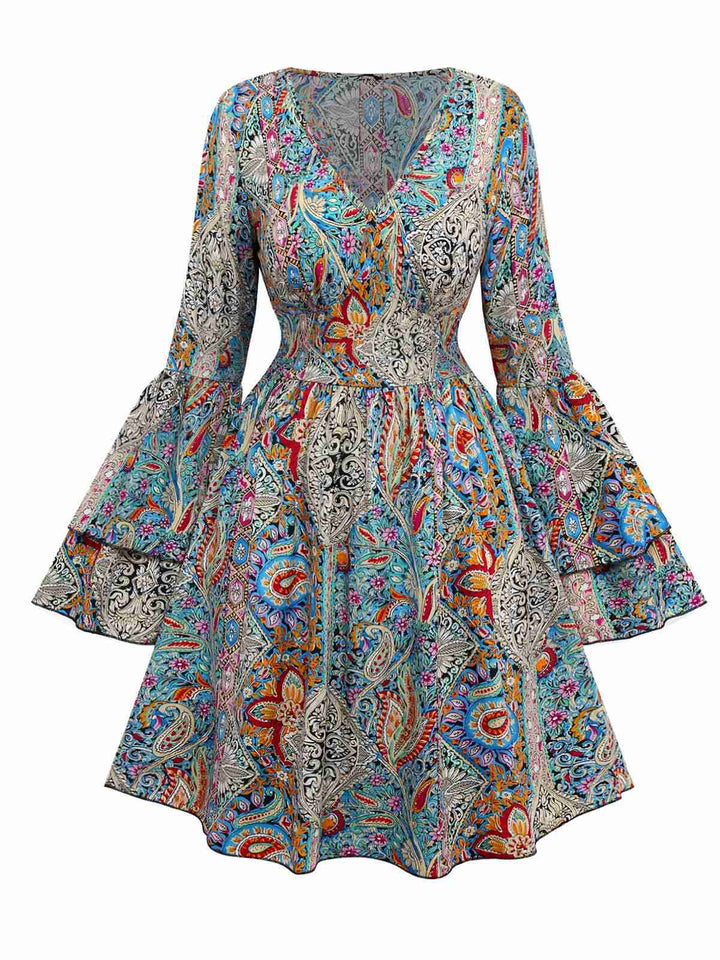 Multicolor 1970s Bohemian Paisley Floral Bell Sleeve Dress - vintage dress, retro fashion