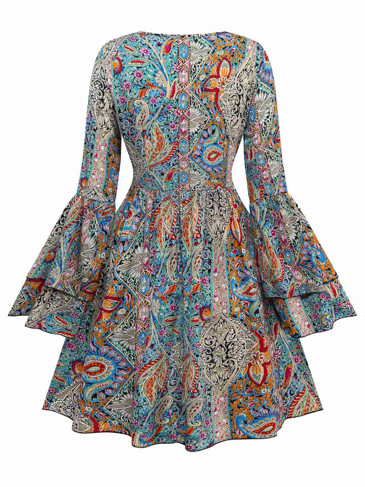 Multicolor 1970s Bohemian Paisley Floral Bell Sleeve Dress - vintage dress, retro fashion