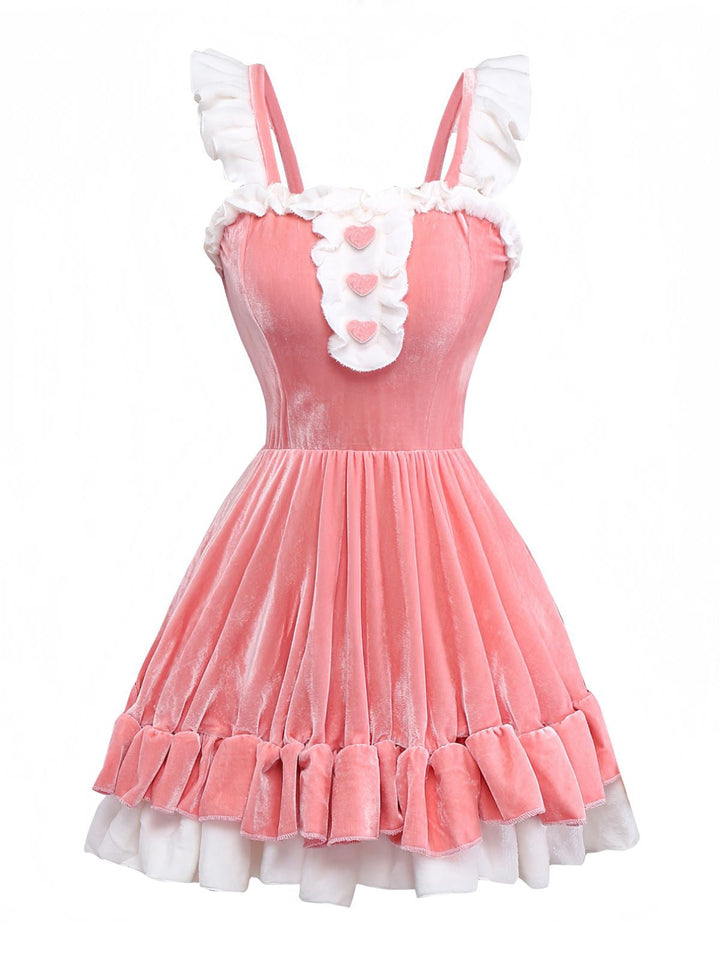 Pink 1970s Christmas Velvet Ruffle Bunny Girl Dress Set - vintage dress, retro fashion