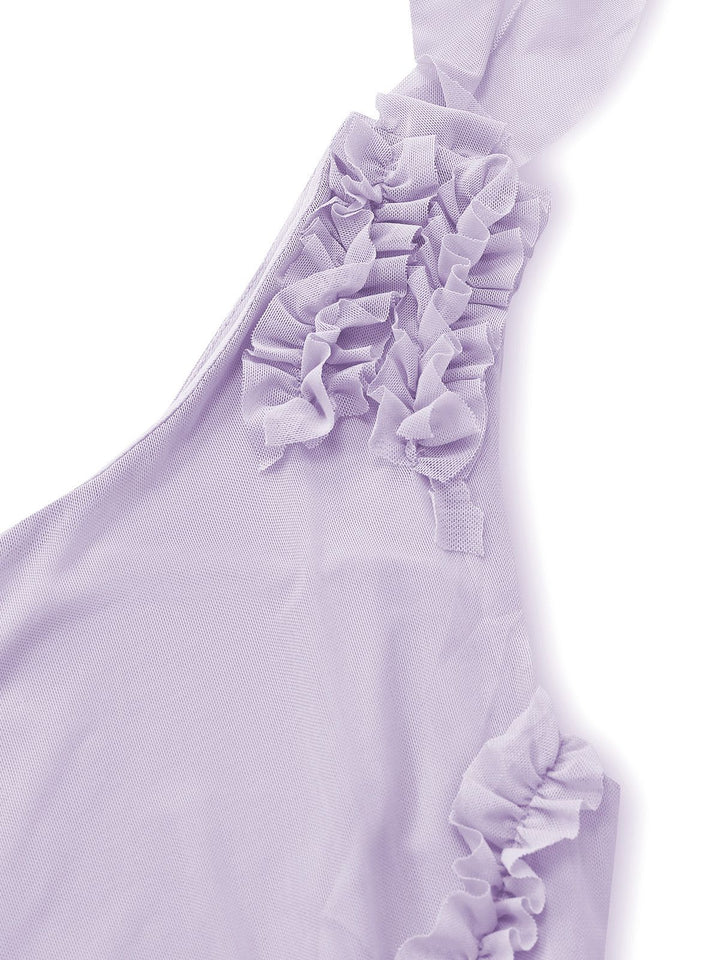Purple 1970s Mesh One-Shoulder Ruffled Asymmetrical Dress - vintage dress, retro fashion