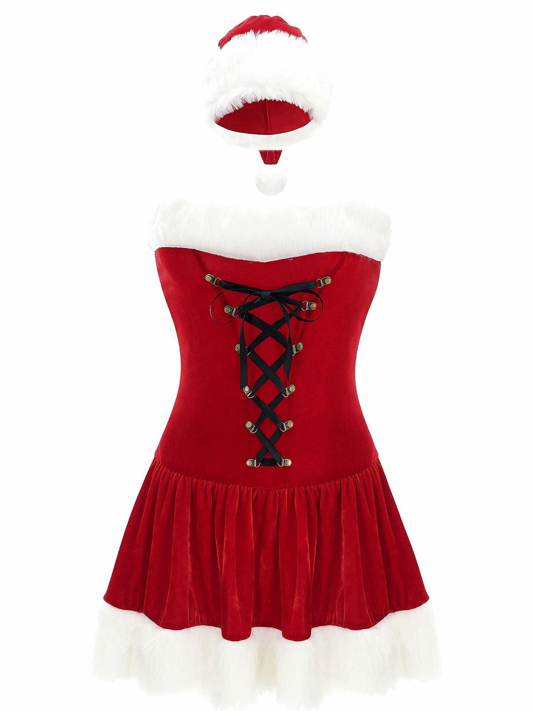 Red 1970s Christmas Plush Lace-Up Strapless Santa Dress - vintage dress, retro fashion, elegant red