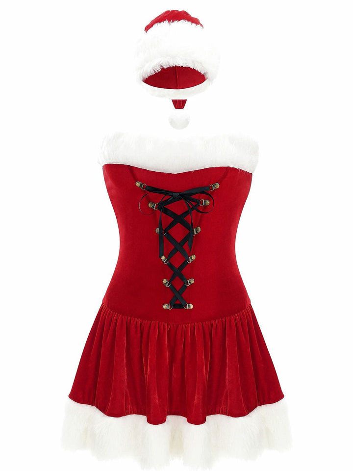 Red 1970s Christmas Plush Lace-Up Strapless Santa Dress - vintage dress, retro fashion, elegant red