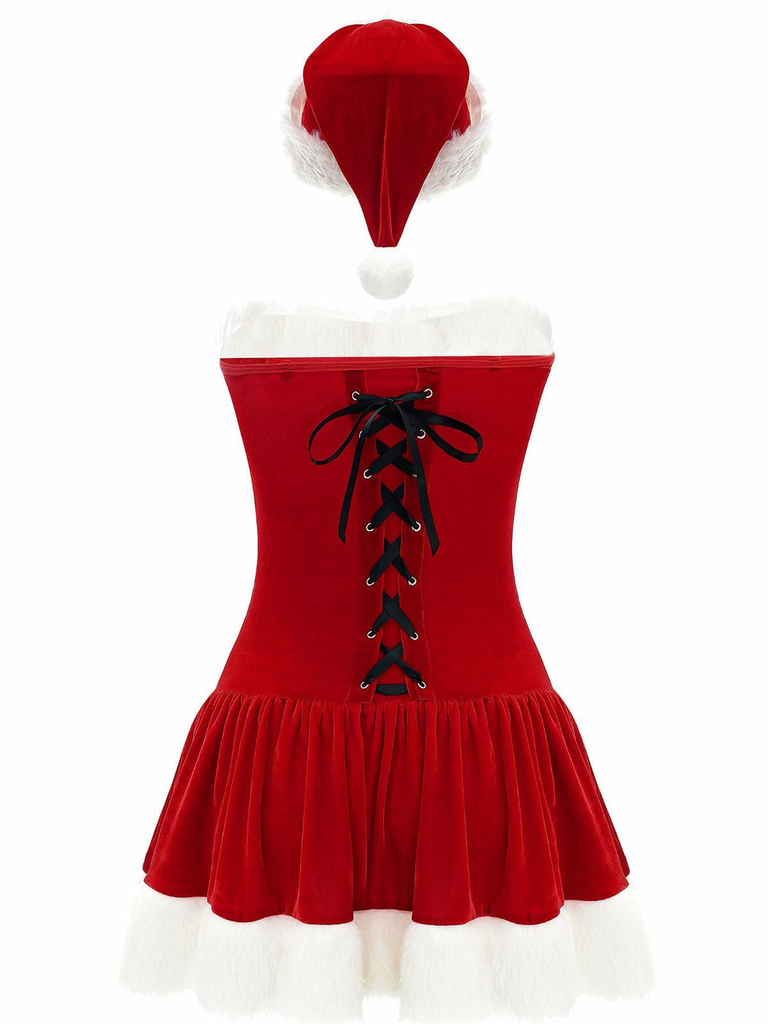 Red 1970s Christmas Plush Lace-Up Strapless Santa Dress - vintage dress, retro fashion, elegant red