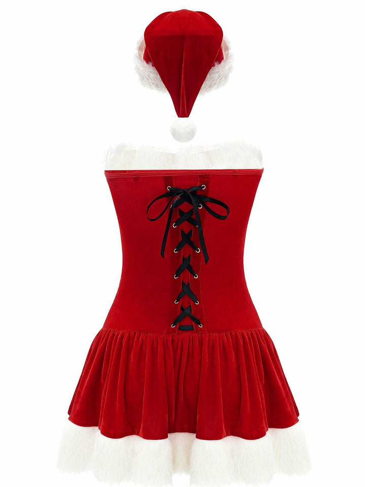 Red 1970s Christmas Plush Lace-Up Strapless Santa Dress - vintage dress, retro fashion, elegant red
