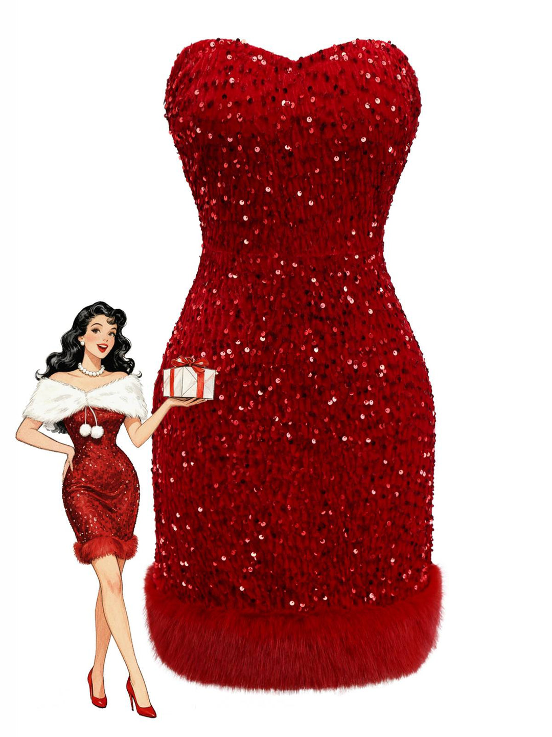 Red 1970s Velvet Sequin Faux Fur Trim Strapless Dress - vintage dress, retro fashion, elegant red