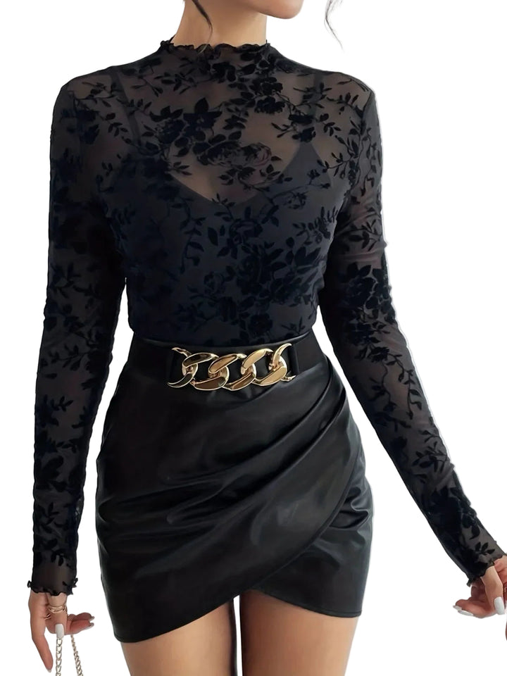 1970s Flocked Floral Mesh Half Turtleneck Slim Top - vintage fashion, style