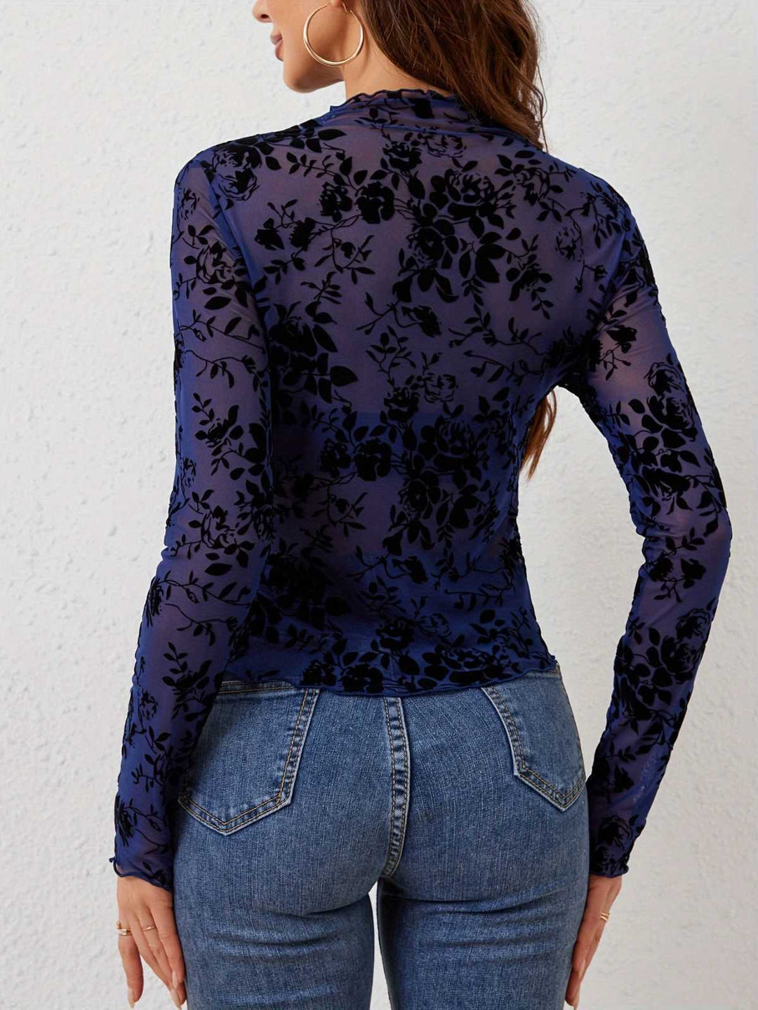1970s Flocked Floral Mesh Half Turtleneck Slim Top - vintage fashion, style