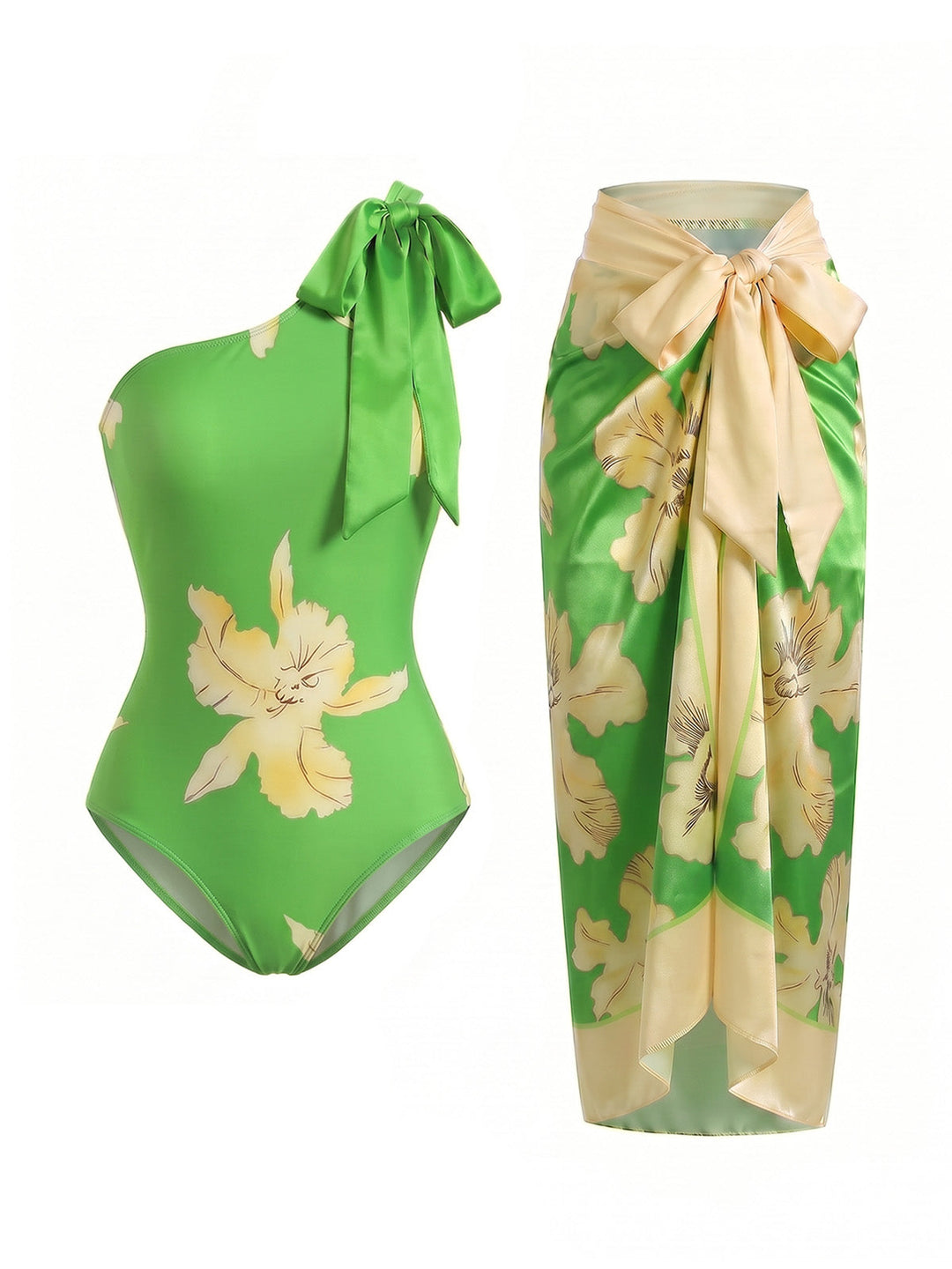 [Pre-Sale] Floral Maple Leaf One-Shoulder Swimsuit &amp; Cover-Up, vintage swimsuit, swimwear - perfect for women who love vintage and retro fashion