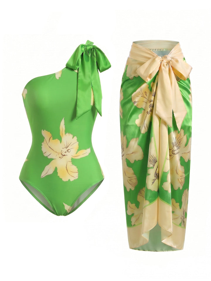 [Pre-Sale] Floral Maple Leaf One-Shoulder Swimsuit &amp; Cover-Up, vintage swimsuit, swimwear - perfect for women who love vintage and retro fashion