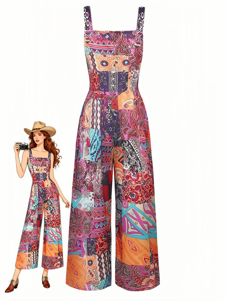 1970s Floral Square Neck Ethnic Boho Wide-Leg Jumpsuit, vintage jumpsuit, retro fashion - vintage inspired fashion