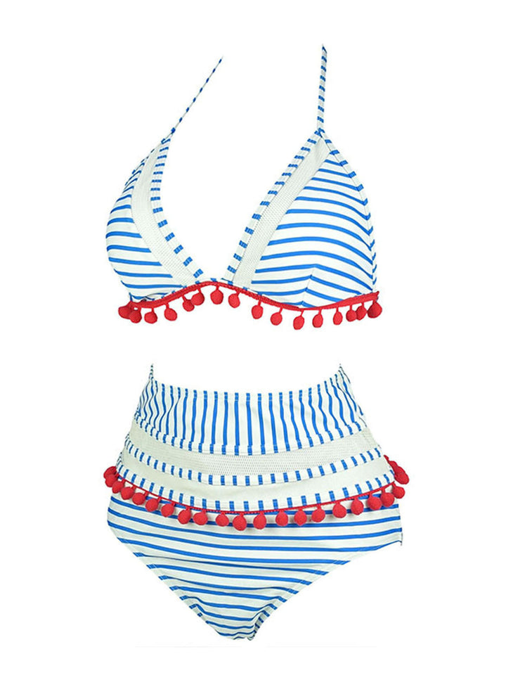 1970s Fur Ball Pendant Tassel Striped Swimsuit, vintage swimsuit, pin-up swimwear - perfect for women who love vintage and retro fashion