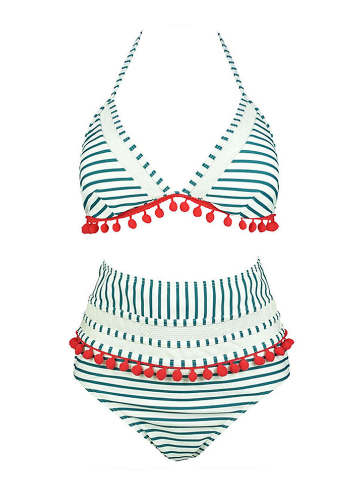 1970s Fur Ball Pendant Tassel Striped Swimsuit, vintage swimsuit, pin-up swimwear - perfect for women who love vintage and retro fashion