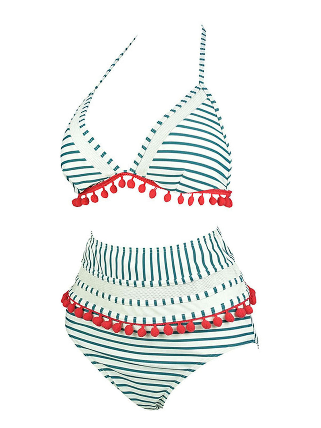 1970s Fur Ball Pendant Tassel Striped Swimsuit, vintage swimsuit, pin-up swimwear - perfect for women who love vintage and retro fashion