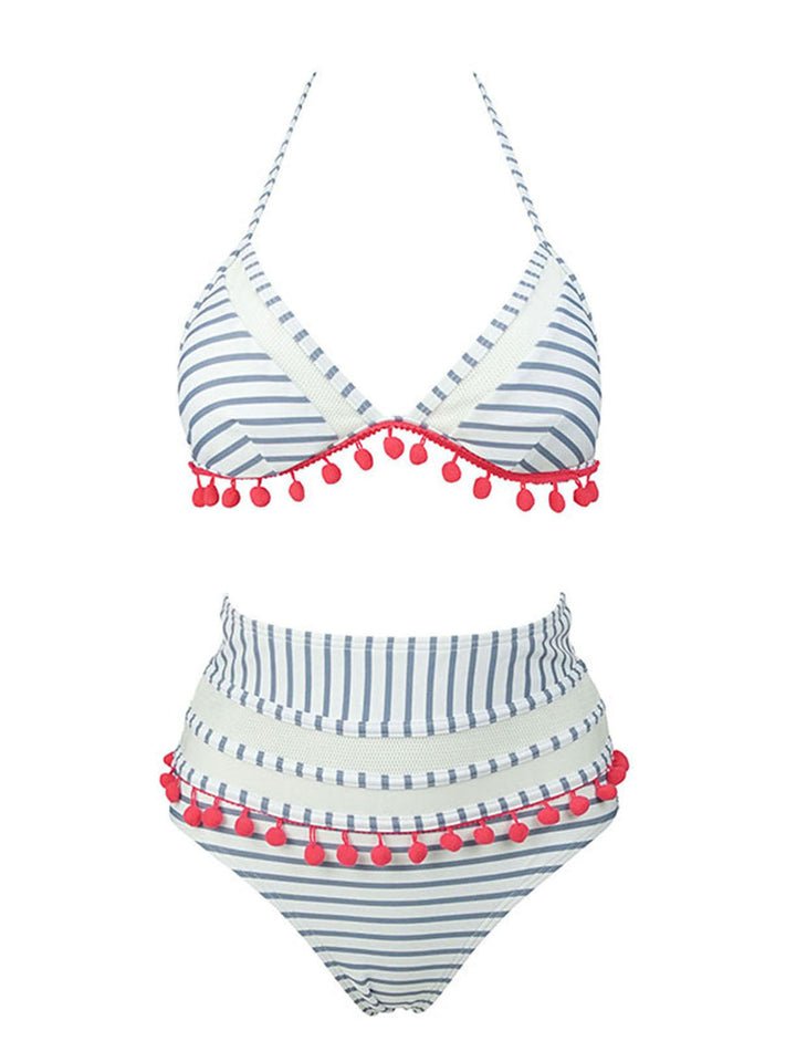1970s Fur Ball Pendant Tassel Striped Swimsuit, vintage swimsuit, pin-up swimwear - perfect for women who love vintage and retro fashion