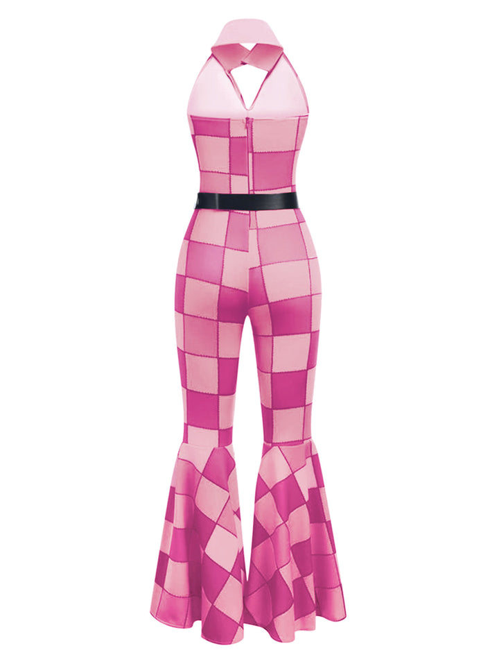 She finds her 1970s story in this 1970s Geometric Pattern Patchwork Halter Jumpsuit