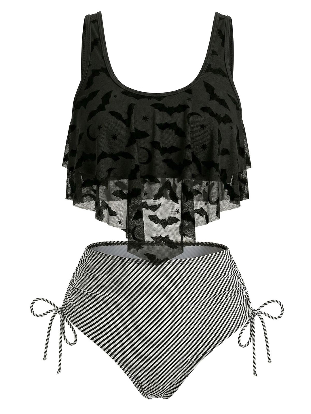 1970s Gothic Mesh Striped Bat Print Tankini Set - vintage fashion, retro style