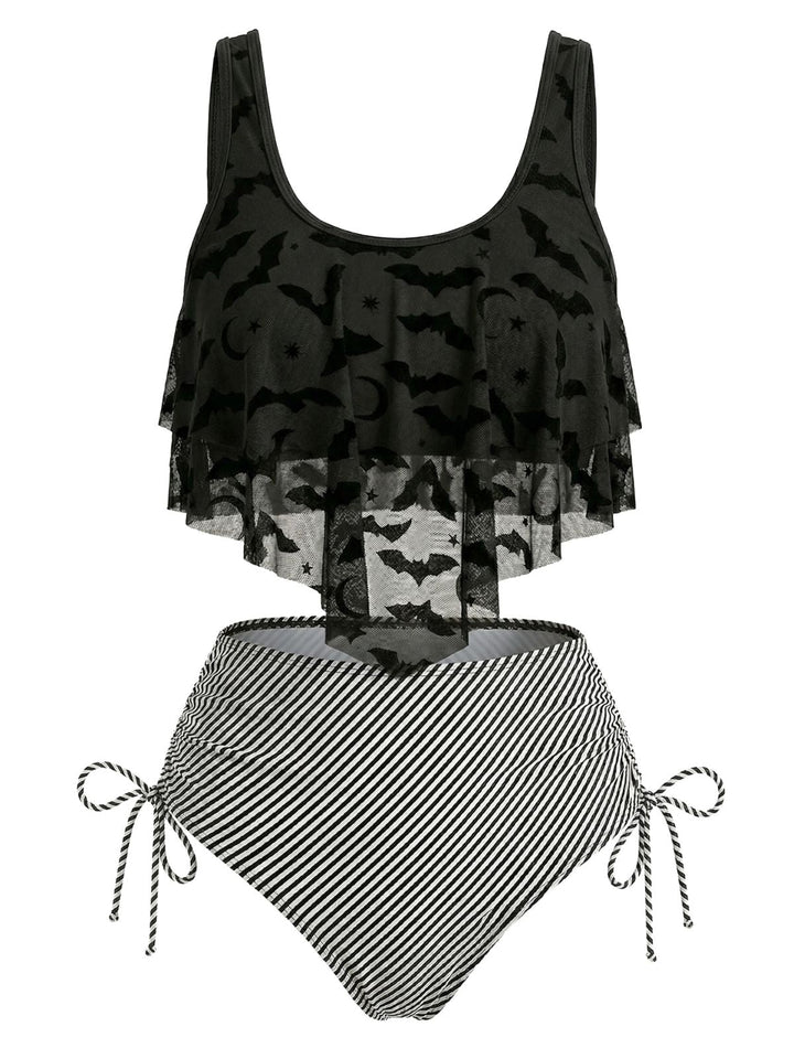1970s Gothic Mesh Striped Bat Print Tankini Set - vintage fashion, retro style