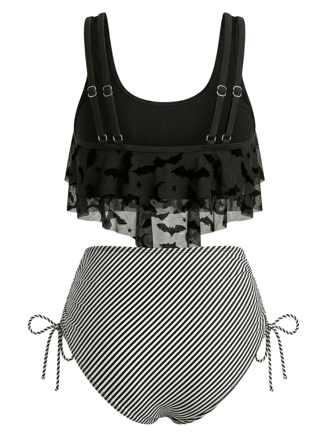 1970s Gothic Mesh Striped Bat Print Tankini Set - vintage fashion, retro style