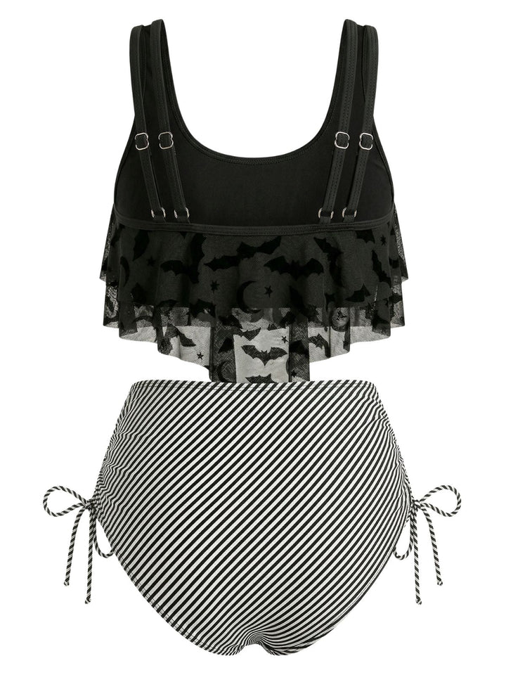 1970s Gothic Mesh Striped Bat Print Tankini Set - vintage fashion, retro style
