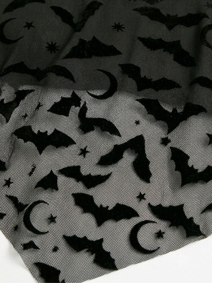 1970s Gothic Mesh Striped Bat Print Tankini Set - vintage fashion, retro style
