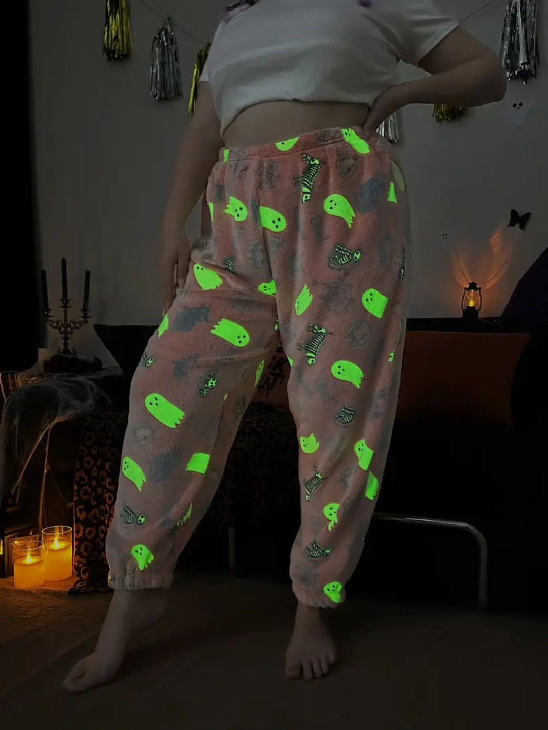 Halloween Glowing Pumpkin Ghost Pajama Pants - vintage fashion, retro style