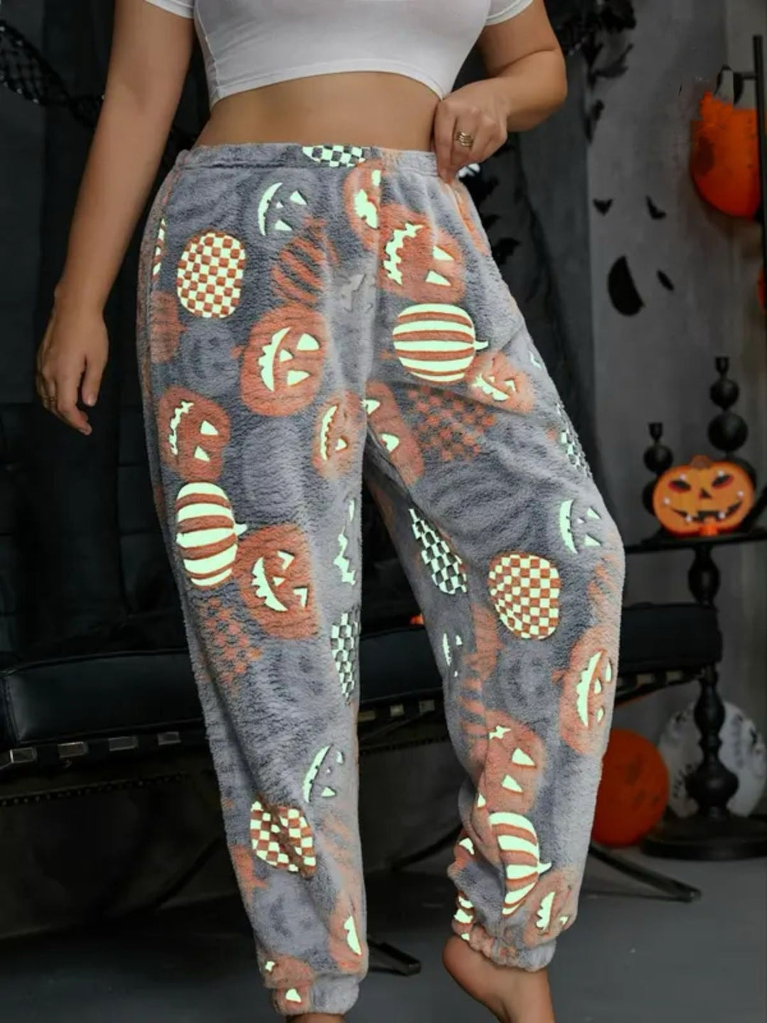 Halloween Glowing Pumpkin Ghost Pajama Pants - vintage fashion, retro style