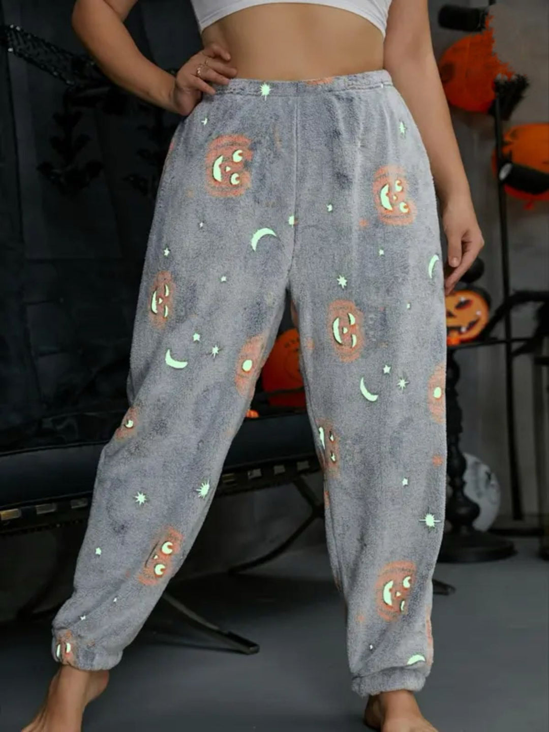 Halloween Glowing Pumpkin Ghost Pajama Pants - vintage fashion, retro style