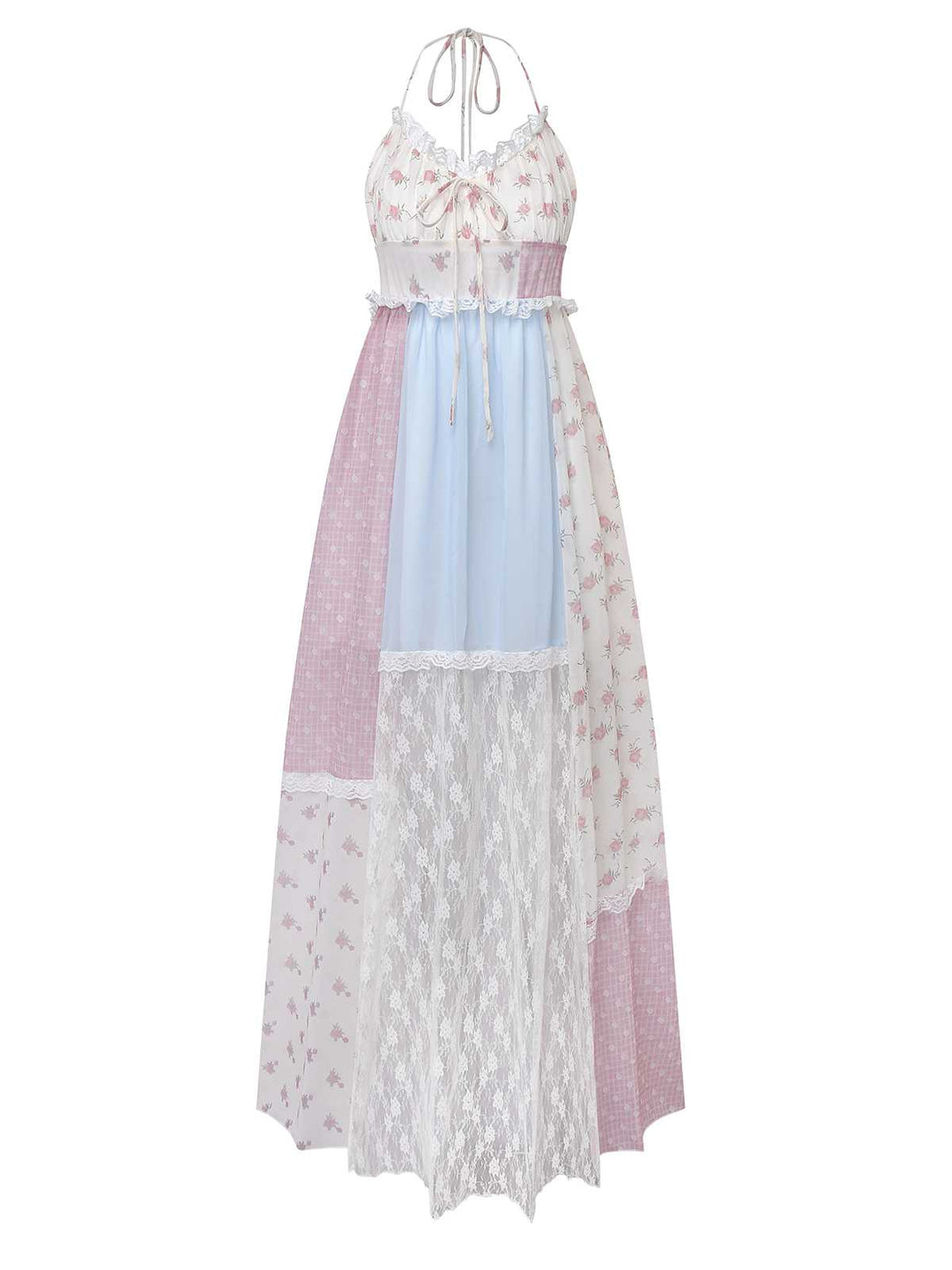 1970s Halter Boho Floral Lace Maxi Dress - vintage dress, retro fashion