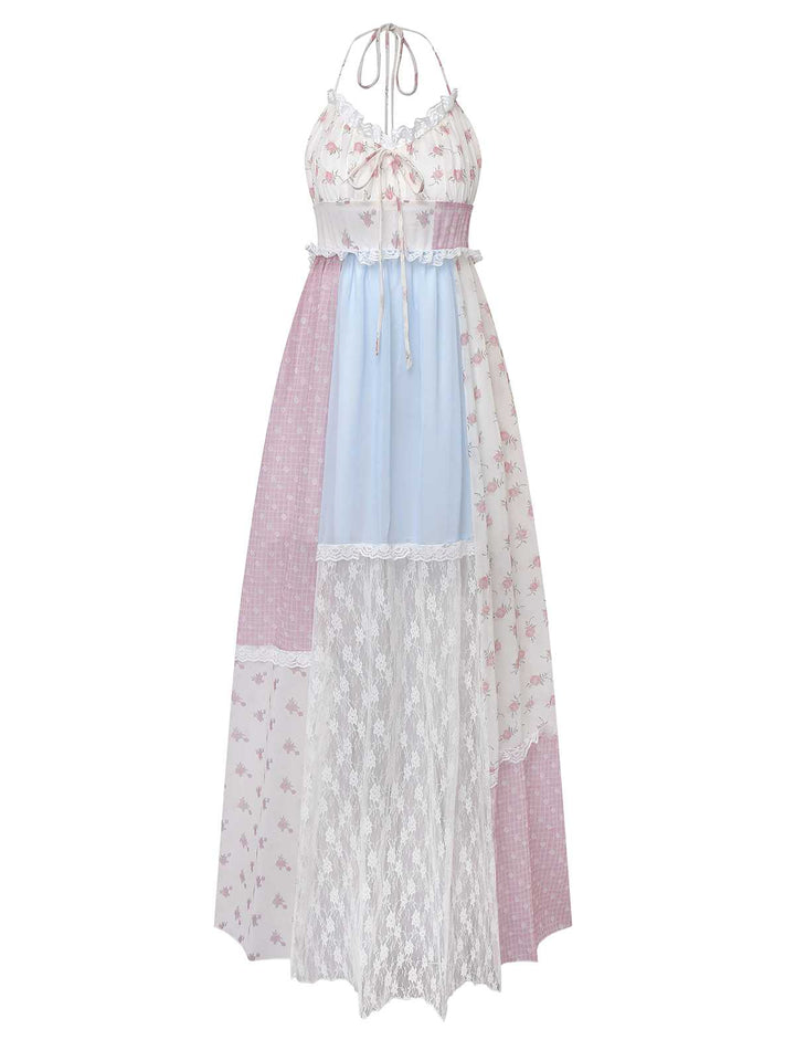 1970s Halter Boho Floral Lace Maxi Dress - vintage dress, retro fashion