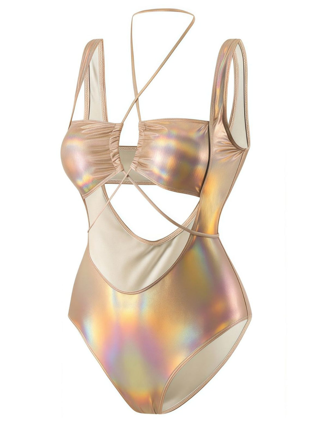 1970s Halter Cut-Out Metallic One-Piece Swimsuit: 1970s Riviera elegance, reimagined for her