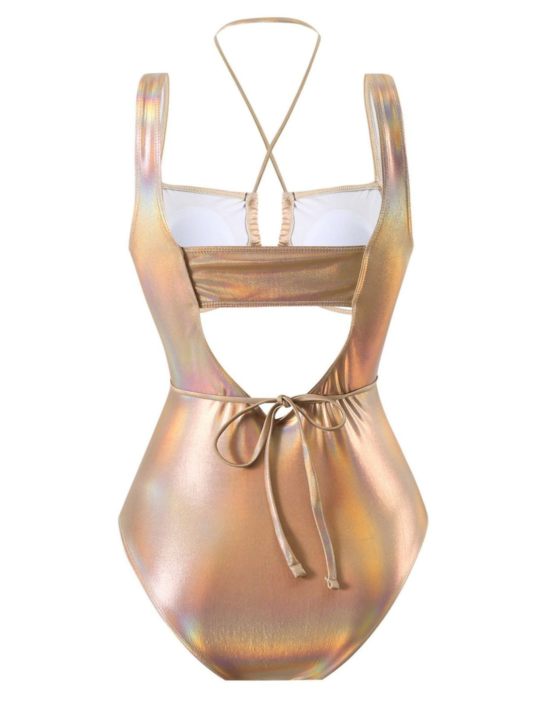 This 1970s Halter Cut-Out Metallic One-Piece Swimsuit carries 1970s vacation dreams in every stitch