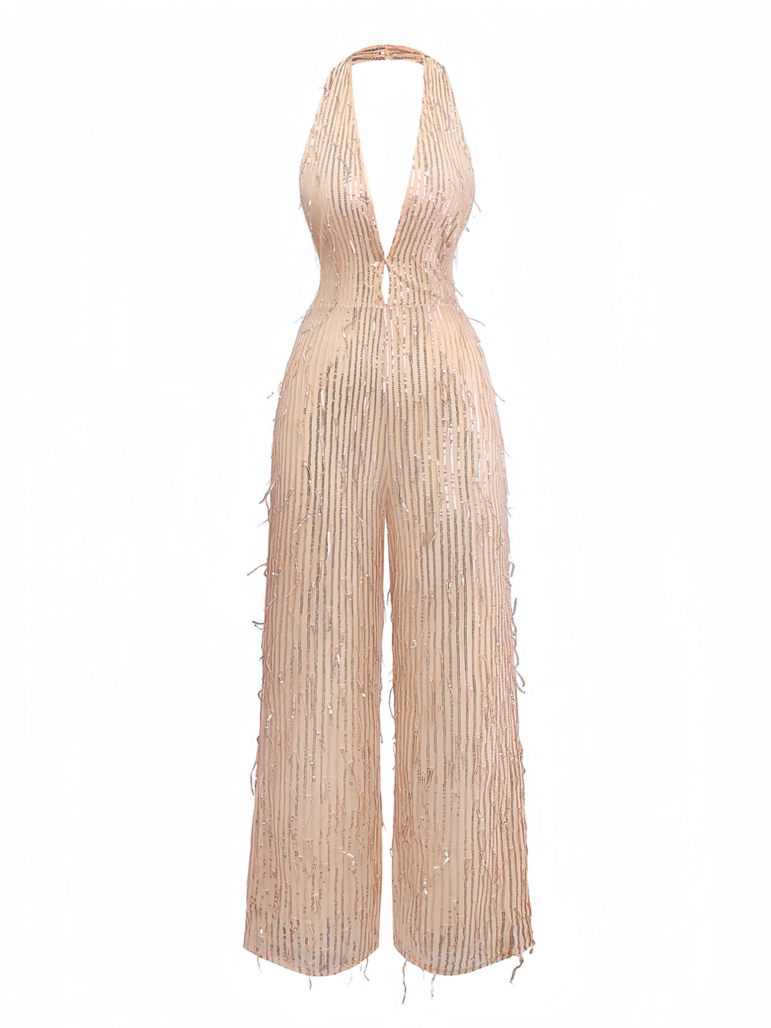 1970s Halter Deep V-Neck Sequin Fringe Jumpsuit - vintage jumpsuit, retro fashion