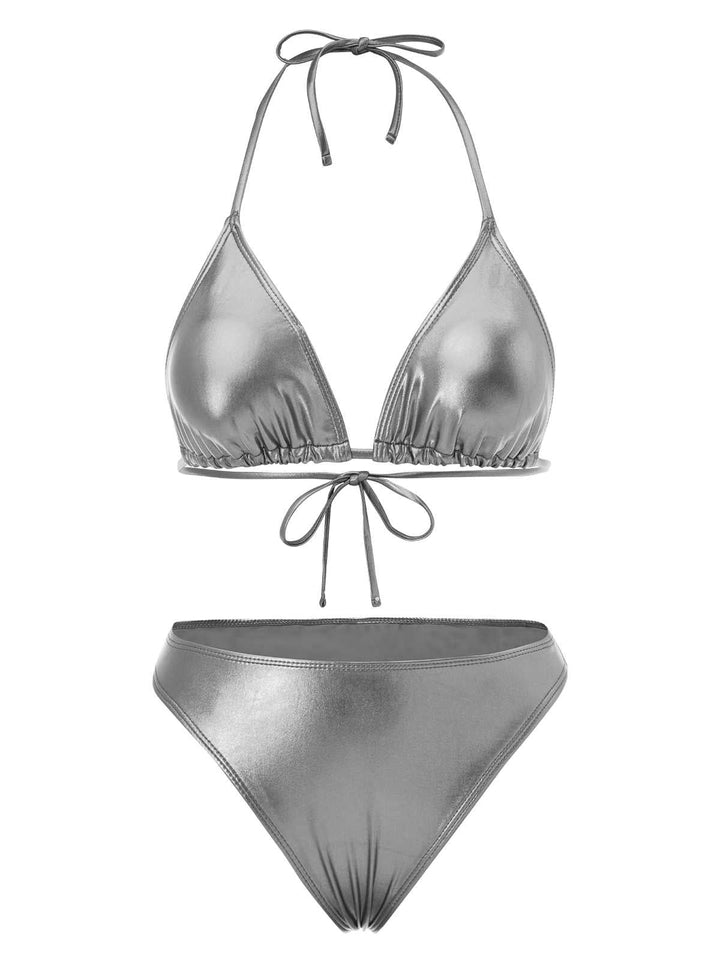 1970s Halter Metallic Bikini &amp; Ruched Cover-Up: 1970s Riviera elegance, reimagined for her