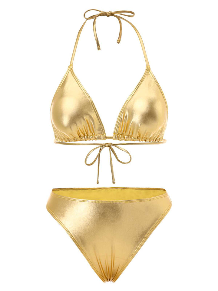 1970s Halter Metallic Bikini &amp; Ruched Cover-Up: 1970s Riviera elegance, reimagined for her