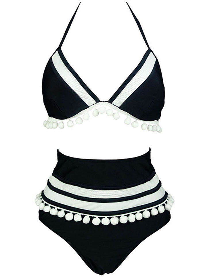 1970s Halter Patchwork Pom Pom Swimsuit, vintage swimsuit, pin-up swimwear - perfect for women who love vintage and retro fashion