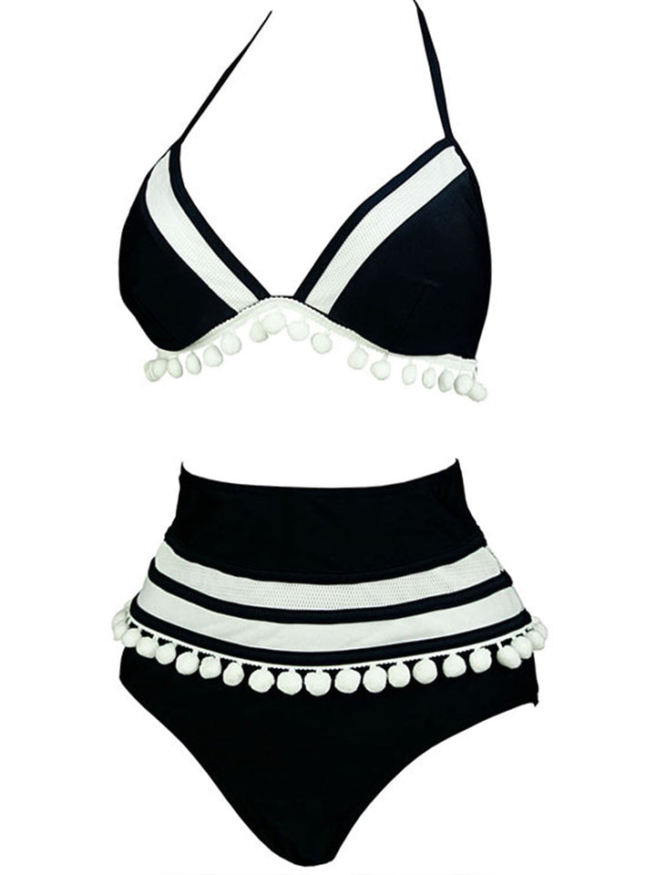 1970s Halter Patchwork Pom Pom Swimsuit, vintage swimsuit, pin-up swimwear - perfect for women who love vintage and retro fashion