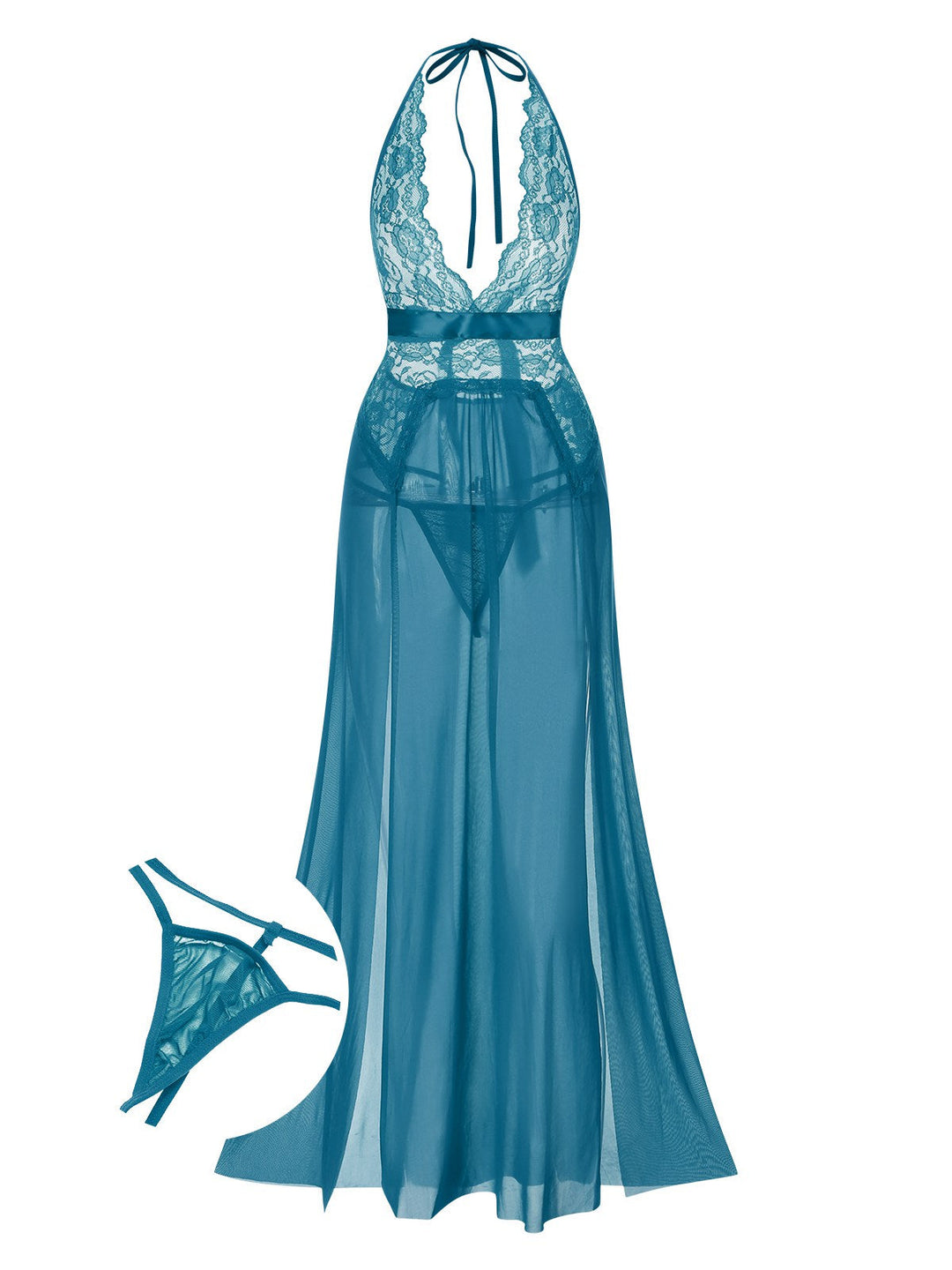 She slips into this Halter Sheer Lace Slit Long Nightgown and suddenly it's a daydream