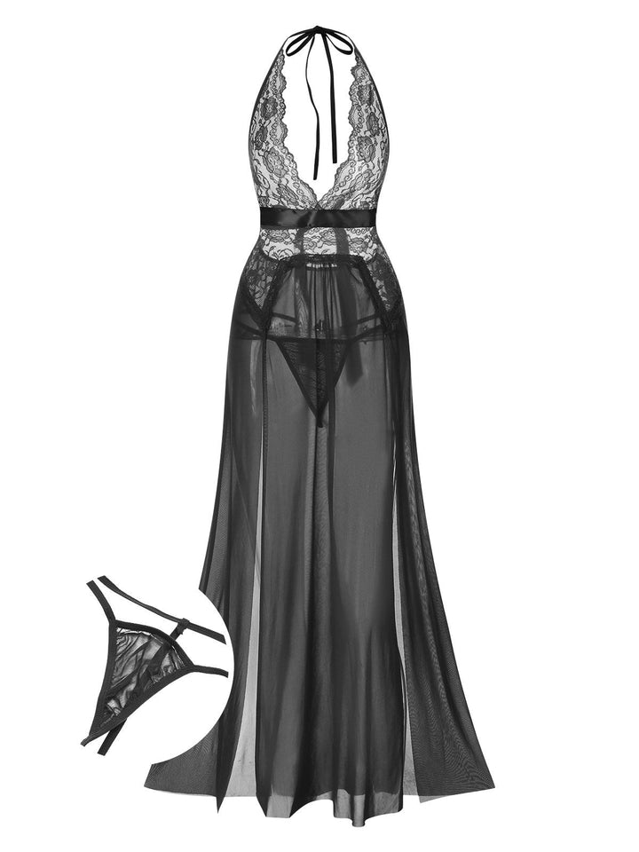 Halter Sheer Lace Slit Long Nightgown — the kind of dress that makes strangers smile