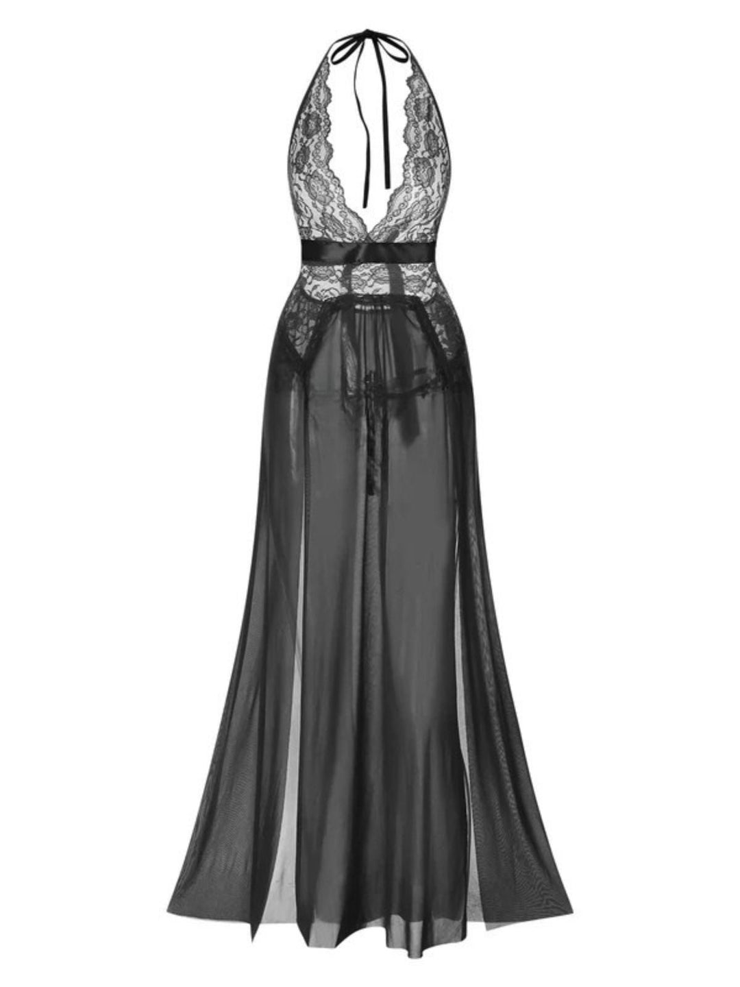 Halter Sheer Lace Slit Long Nightgown — a silhouette that turns sidewalks into runways