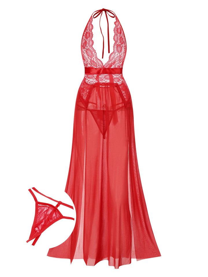 Halter Sheer Lace Slit Long Nightgown — the kind of dress that makes strangers smile