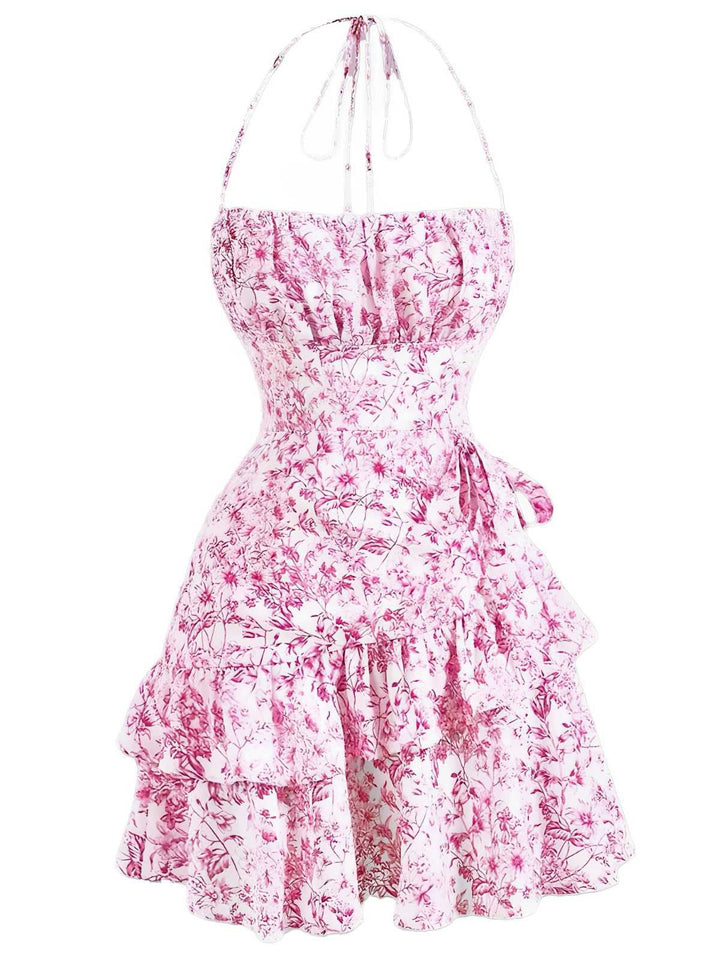 1970s Halter Tiered Ruffle Floral Dress - vintage dress, retro fashion, elegant red